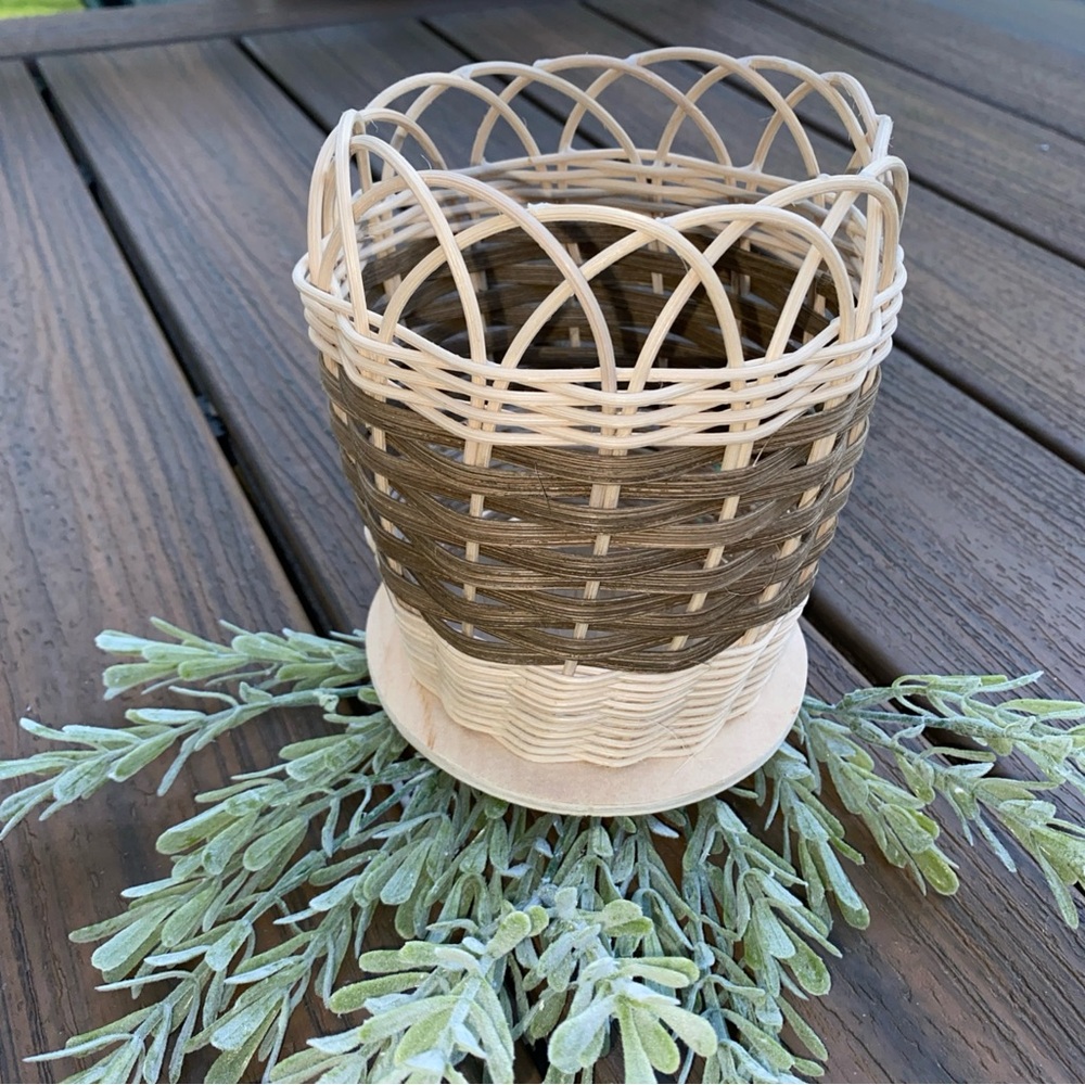 Handmade Tall Looped Edge Natural and Brown Wood Basket 5x5x7”